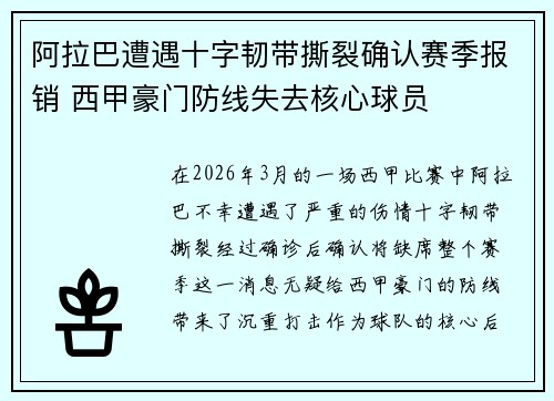 阿拉巴遭遇十字韧带撕裂确认赛季报销 西甲豪门防线失去核心球员 阿拉巴遭遇十字韧带撕裂确认赛季报销 西甲豪门防线失去核心球员
