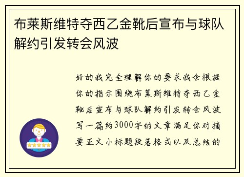布莱斯维特夺西乙金靴后宣布与球队解约引发转会风波 布莱斯维特夺西乙金靴后宣布与球队解约引发转会风波